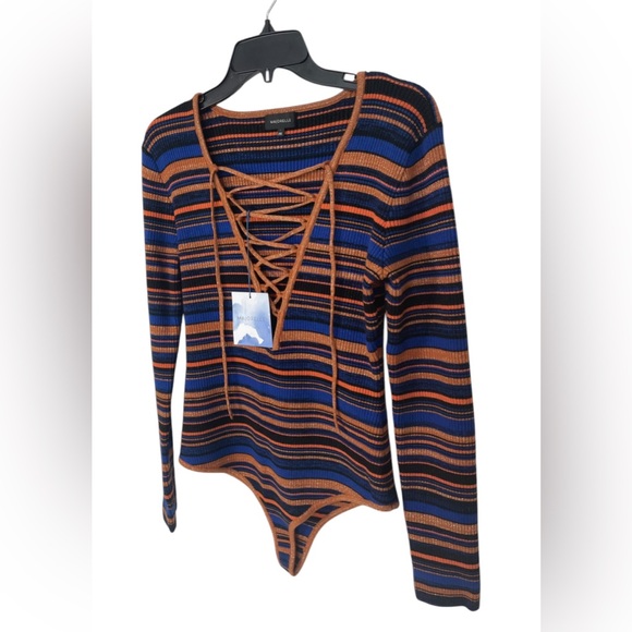 NWT Majorelle Lace Up Sweater Bodysuit Revolve Striped Long Sleeve Size Large - Picture 8 of 13